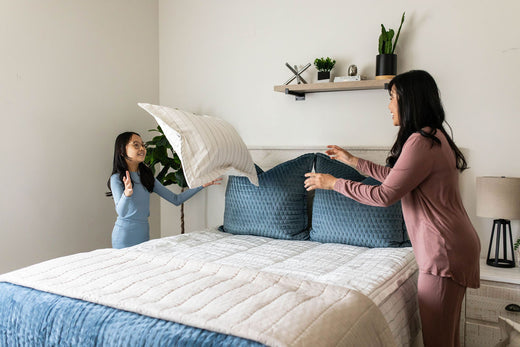 
      A mom and daughter easily put together their Bed-dys bedding.
    