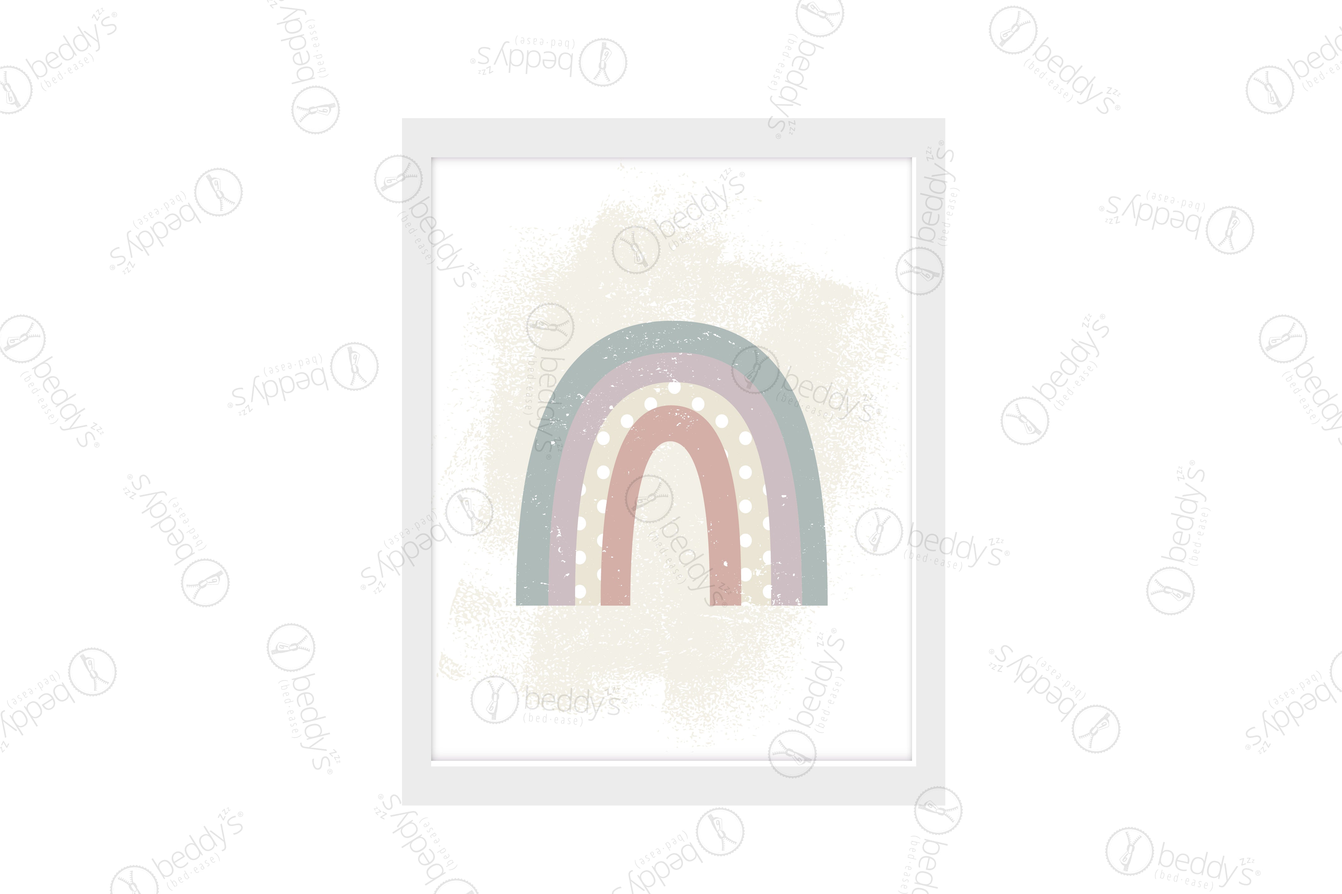 A pastel large rainbow digital artwork showcased in a frame.