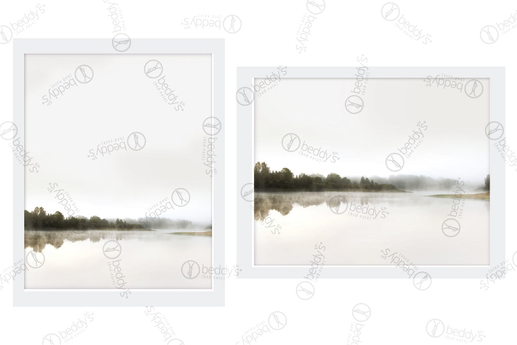 Two soft watercolor layered landscapes that has reflections digital artworks showcased in frames.